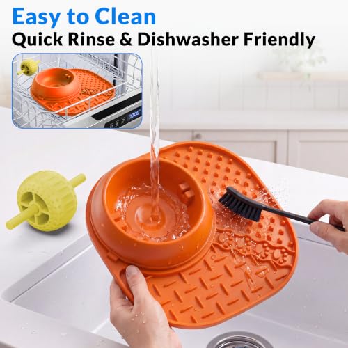 Slow Feeder Dog Licking Bowl with Rolling Ball, Orange - color: Orange