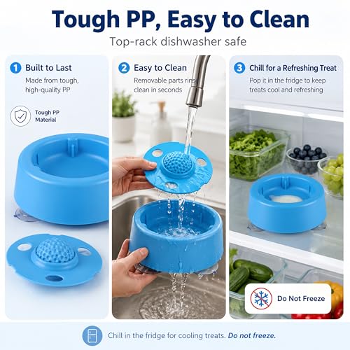 Dog Lick Bowl for Liquid Treats, Dog Lick Ball with Fixed Rolling Ball, 220ml PP Slow Feeder with 3 Suction Cups for Bone Broth Yogurt Supplements, Blue