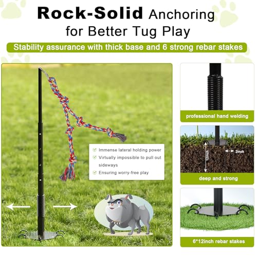 Outdoor Tug of War Dog Toy, Tether Interactive Dog Tug Toy Backyard Heavy-Duty Dog Solo Play Exercise Toy for Large Medium Dogs, Height Adjustable, 2 Rope Toys