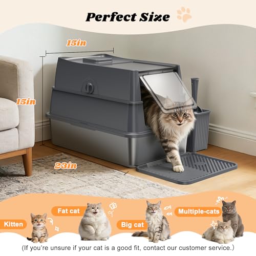 AIPERRO Enclosed Stainless Steel Cat Litter Box with Lid High Sided - color: Transparent Grey, size: X-Large