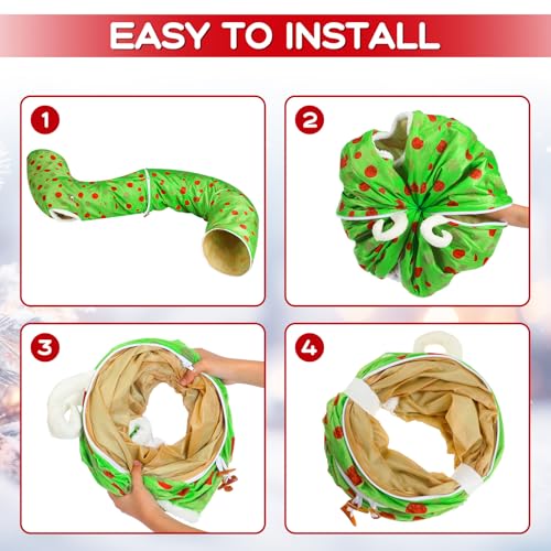 Hollowfly Christmas Cat Bed Tunnel 3ft x 3ft x 9.8in Lime Green Under Tree Cat Donut Tunnels for Indoor Kitten Plush Polka Dot Peekaboo Cave Toy Collapsible 3 Way Xmas Gifts for Small Kitty - style: Polk Dot
