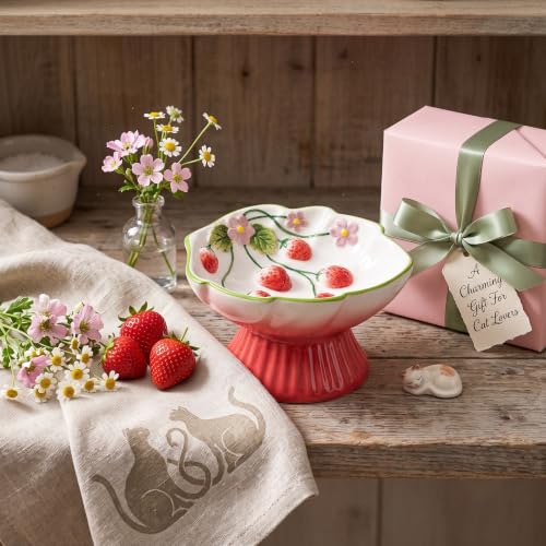 Ceramic Slow Feeder Cat Bowl, Cute Strawberry Elevated Cat Bowl for Wet & Dry Food, Raised Ceramic Cat Food Bowl with Whisker-Friendly Wide Shallow Design, Slow Feeder for Slower Eating