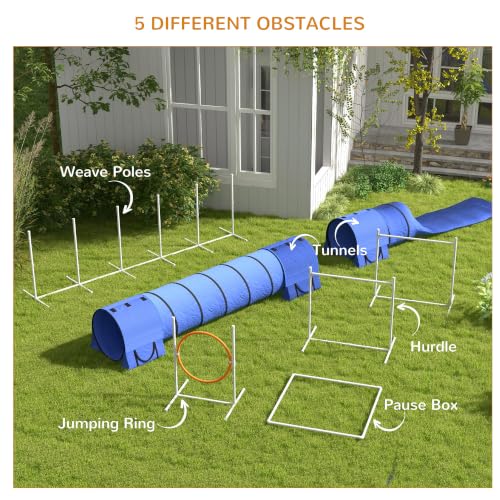 PawHut 7 Piece Dog Agility Training Equipment, Dog Obstacle Course Starter Kit with Tunnels, Weave Poles, Adjustable Hurdles, Jumping Ring, Pause Box, Whistle, Blue