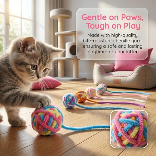 6 Pack Cat Yarn Balls with Long Tassel Tails - Colorful Soft Knitted Cat Toy Balls, Interactive Kitten Chase & Chew Toys for Boredom Relief & Mental Stimulation, Safe Plush Cat Play Set - color: C