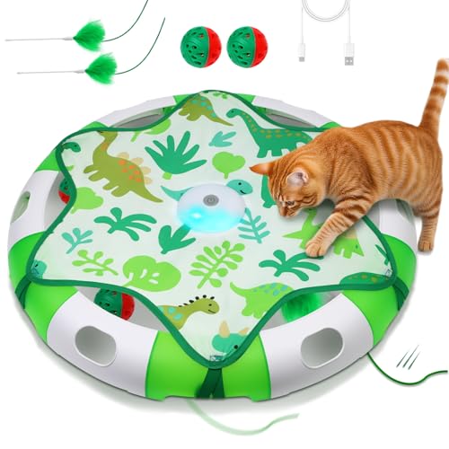 Cat Toys for Indoor Cats, Interactive Automatic Hide and Seek Toy, Moving Concealed Feathers Wand Teaser, Bird Chirping Squeaky, Touch Activated, Rechargeable Kitten Toys,Cat Bell Ball to Stimulate