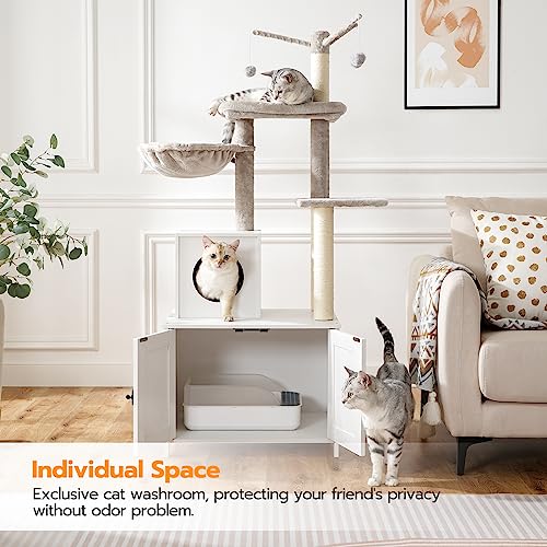 HOOBRO Cat Tree Tower with Litter Box Enclosure for Indoor, Wooden Cat Condo with Scratching Posts, Litter Box Furniture Hidden, All-in-One Cat House, White WT15MZ03 - color: White