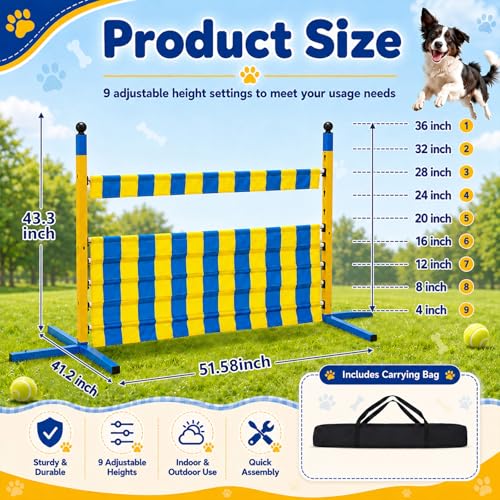Silipull Dog Agility Jump Set, Heavy Duty Metal Dog Agility Equipment with 9 Adjustable Heights, Foldable Dogs Hurdle Training Equipment for Small, Medium & Large Dogs, Carrying Bag Included
