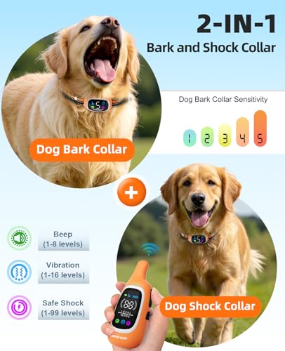 2-in-1 Dog Shock Collar and Bark Collar for Dogs – 3300FT Dog Training Collar with Remote, IP67 Waterproof e Collar with Anti-Bark/Beep/Vibration/Shock Modes for Small Medium Large Dog(8-120Lbs) - color: Orange