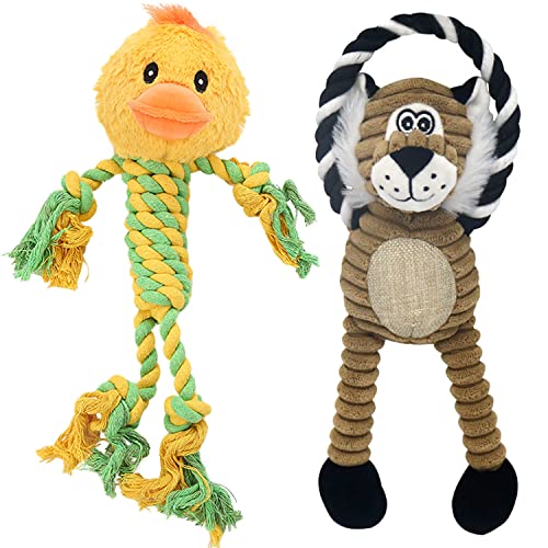 Duck Rope Dog Toy, Plush Lion Squeaky Dog Toy, 2 Pack - color: Yellow & Coffee
