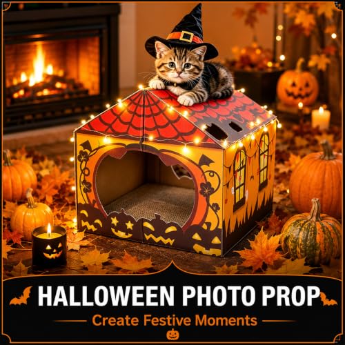 Tailtastic Halloween Cat Scratcher House with Pads & Catnip for Indoor Cats - color: ORANGE