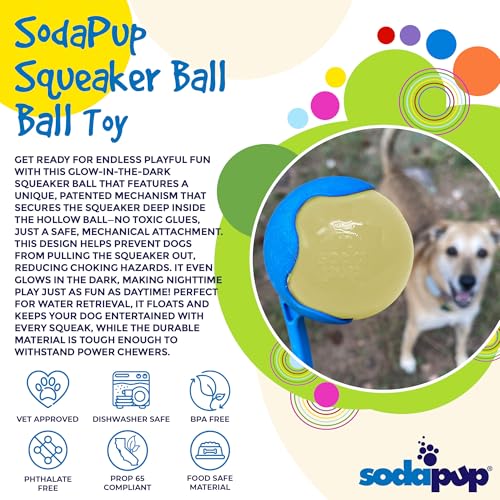 SodaPup Squeaker Ball – Durable Dog Ball Toy, Chew Toy & Floating Retrieving Toy with Squeaker Made in USA from Non-Toxic, Pet-Safe, Food Safe Rubber Material for Bonding, Physical Exercise, & More - color: Glow in the Dark Ball, size: Medium