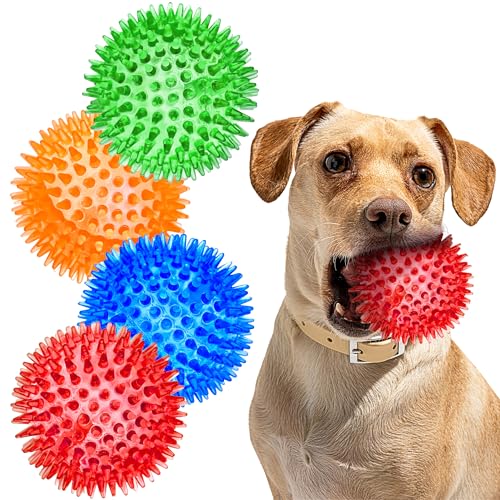 SHARLOVY 3'' Squeaky Balls for Small Dogs, 4 Spiky Dog Balls for Teething - size: Medium Set of 4