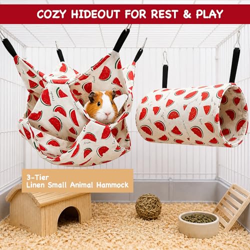 Small Animal Hammock and Tunnel Set, 3-Tier Hanging Hideout - color: Watermelon