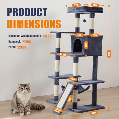 Sweetcrispy 63 Inch Cat Tree Tower with Natural Sisal Scratching Post - color: Dark Grey, size: 63IN