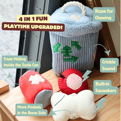 Dog Squeaky Toys, Plush Puzzle Dog Toy for Small Medium Large Dogs, Chew Fetch Brain Stimulating Toy, 3 Durable Small Toys with a Big Trash Can - color: Transh Can