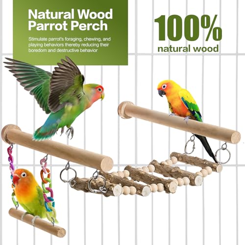 Bird Perches Ladder with Swing,Natural Wood Parrot Climbing Bridge Toys - color: A