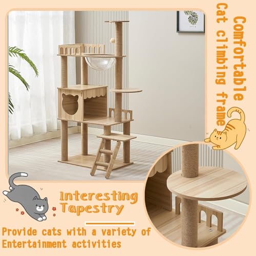 54-Inch Cat Tower,Multi-Level Pure Wood-Modern Cat Tree Tower with Condo, Cat Stairs, Bowl,9 Sisal Scratching Posts, Top Perch, Toy Balls,Cat Tree for Indoor Cats Large Adult (KT-1022) - size: KT-1022