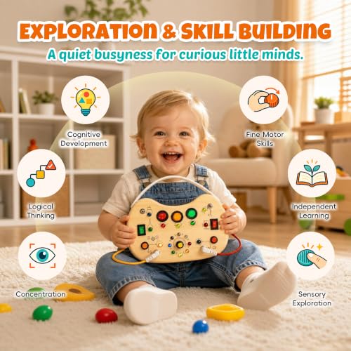 Busy Board with LED Light Switches,Montessori Toys for 1 2 3 Year Old - style: Upgraded Activity Board