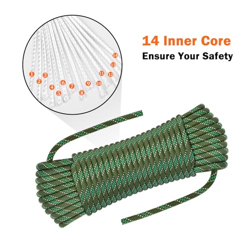 AOLEBA 8.5mm Static Climbing Rope, Outdoor Rock Climbing Ropes, Heavy Duty Rappelling Rope for Fire Rescue, Escape, 10M(32Ft) 20M(64Ft) 30M(96Ft) Ice Climbing Equipment & Parachute Accessories - color: Green, size: 64FT