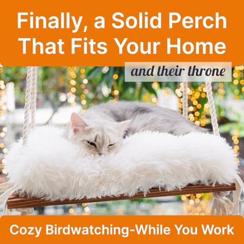 Cat Hammock with Industrial-Grade Suction Cups - Solid Pine Wood Seat, Soft Cushion - 42 lb Capacity - color: Brown/White, size: Medium