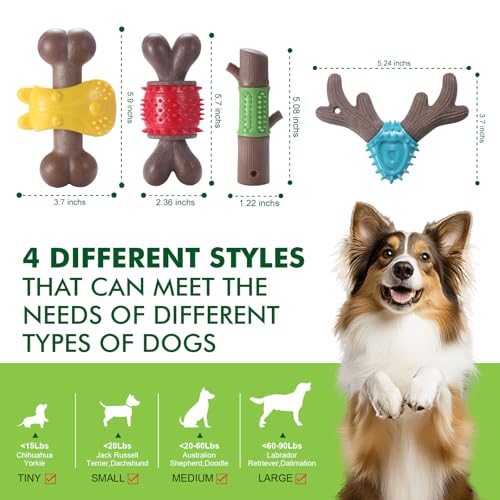 Durable Dog Chew Toys for Large Dogs - Tough Bone-Shaped Dental Chew with TPR Rubber & Wood Fiber, Teething & Aggressive Chewer Toys for Medium/Large Breed, Long-Lasting Teeth Cleaning (4 Pack Set) - color: 4 Styles Set