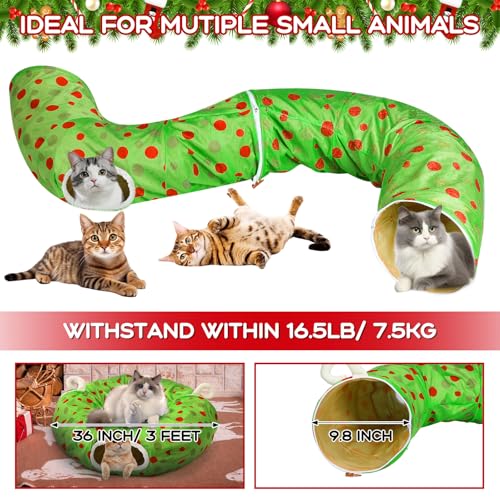Hollowfly Christmas Cat Bed Tunnel 3ft x 3ft x 9.8in Lime Green Under Tree Cat Donut Tunnels for Indoor Kitten Plush Polka Dot Peekaboo Cave Toy Collapsible 3 Way Xmas Gifts for Small Kitty - style: Polk Dot