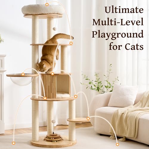 Solid Wood Cat Tree Tower with Scratching Post, 67 Inches Tall Cat Towers with Capsule and Condo, Modern Cat Tower with Rotating Ball Toy and Removable Top Bed for Indoor Cats - color: 67 inch-Condo