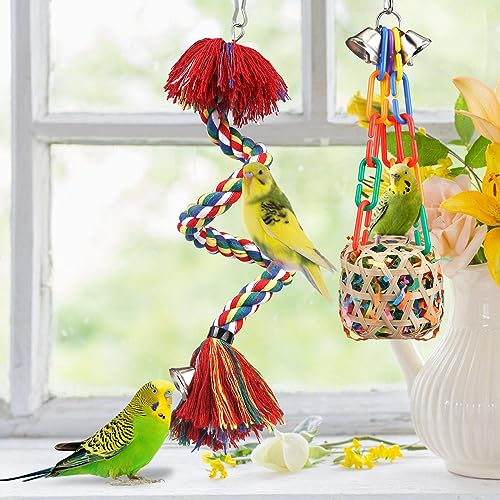 Bird Toys Rope Perch with Bell Colorful Bird Chewing Shredding Foraging Toys Parrot Swing Climbing Standing Hanging Toys Cage Accessories for Conure Cockatiel Budgies Lovebird