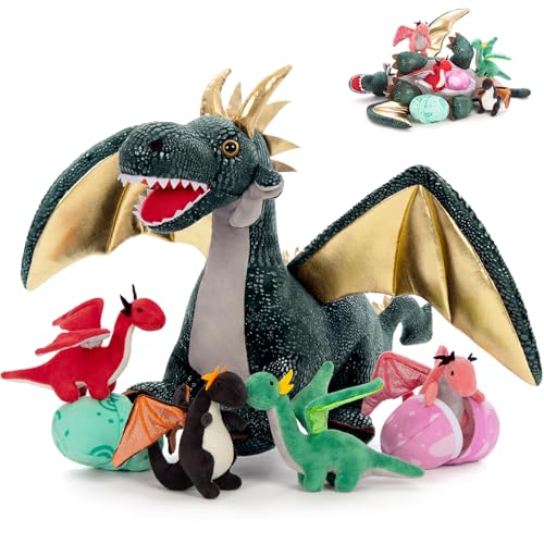 Dragon Plush Toy with 4 Babies, 21.7" Stuffed Animal, Dark Green - style: Dragon Dark Green