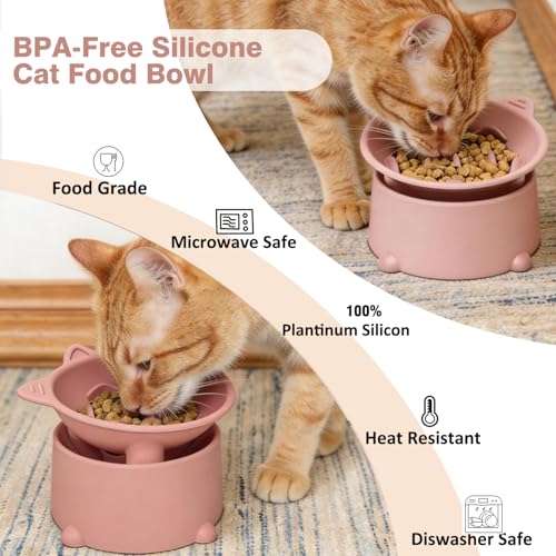 Raised Slow Feeder Cat Bowl, Silicone Elevated Tilted Cat Slow Feeder Bowl - color: Peachy Pink