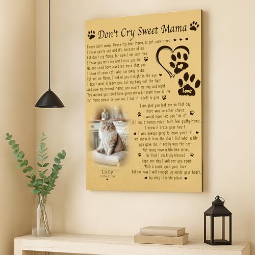 KiKiLuna Personalized Pet Memorial Canvas, Don't Cry Sweet Mama Poem Wall Art, Custom Photo Name Dates, Framed Poster Gift for Dog Mom Cat Mom Loss - color: Design 1