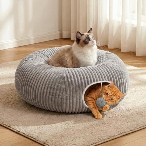 Cat Tunnel Bed for Indoor Cats, Peekaboo Cat Cave Bed, Grey - color: Grey