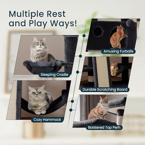 SHA CERLIN 65in Larger Cat Tree Tower Condo for Indoor Kitties/Multi-Level Furniture Activity Center with Wide Base/Cozy Plush Cat Perches/Baskets/Sisal Scratching Posts and Hammock/Dark Grey - color: Dark Grey