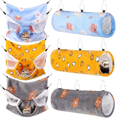 Sweetude 6 Pcs Rat Hammock Set Ferret Hanging Tunnel 3 Tier Guinea Pig Hammocks Hideout Soft Chinchilla Bed for Cage Accessories Hide,Play and Sleep (Sun,Bear) - color: Sun