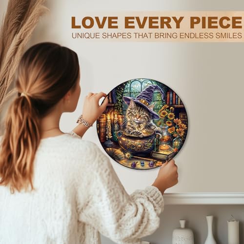 KAAYEE Wooden Puzzles for Adults Magic Feline Cat Jigsaw Puzzle 13.4*13.4in - color: Magic Feline Cat, size: Large