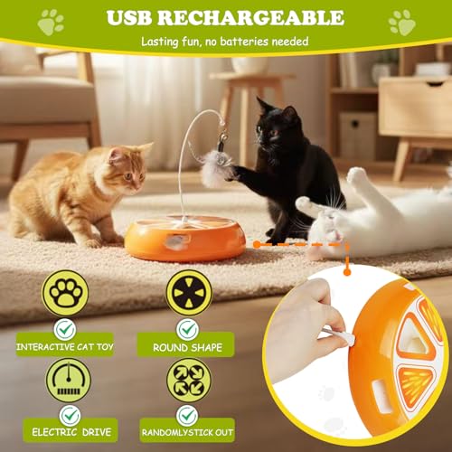 Puffluv Interactive Cat Toy,2 in 1Fruite Shape Toys with Electric Moving Concealed and Hanging Feathers Pop and Play Hide Seek, Hunting,Tpye-C Rechargeable-Orange - color: ORANGE