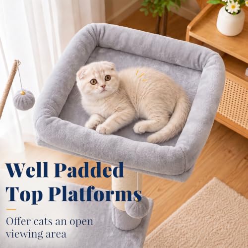 Hey-brother Cat Tree Tower with Padded Platform Bed, Hammock, MPJ019-SW - color: Light Gray