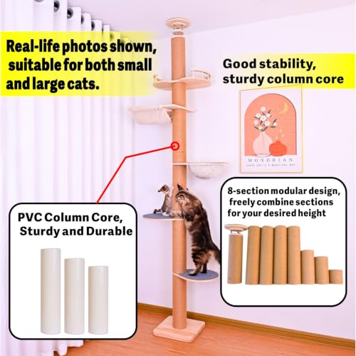 Floor to Ceiling Cat Tree Height (50-120.5in) Adjustable Cat Tower 5 Tier Hemp Scratching Post High Cat Tree Sturdy Activity Tree Indoor Outdoor Cat Scratching Post Activity Center - size: 5-tier cat tree