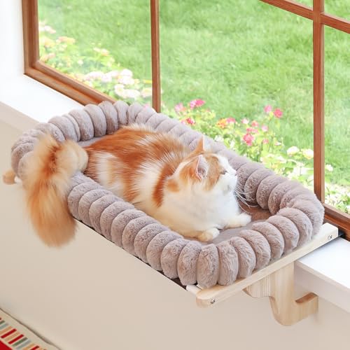 Zakkart SnugCloud Cat Perch for Windowsill (Natural Wood/Brown, M) - color: Natural Color Wood w/ Brown Bed, size: Medium (22"x15")