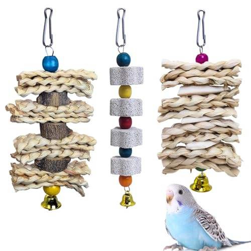 PINVNBY 3 Pack Parrot Toys Chewing Bird Toy Cuttlebone Beak Grinding Stone Cage Hanging Toys with Bell for African Greys Amazon Conure Eclectus Budgies Parakeet Cockatiel Hamster Chinchilla