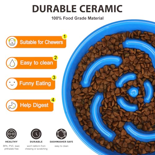 Ceramic Slow Feeder Dog Bowl, 2 Cups Maze Puzzle Dish to Slow Down Eating - color: Flower - Blue