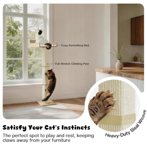 Cat Window Perch with Thick Sisal Scratching Post, Cat Hammock for Window, 53.5" Adjustable Tall Cats Scratching Post with 2 Upgrade Suction Cups, Cats Window Bed with Fluffy Cushion, Sisal