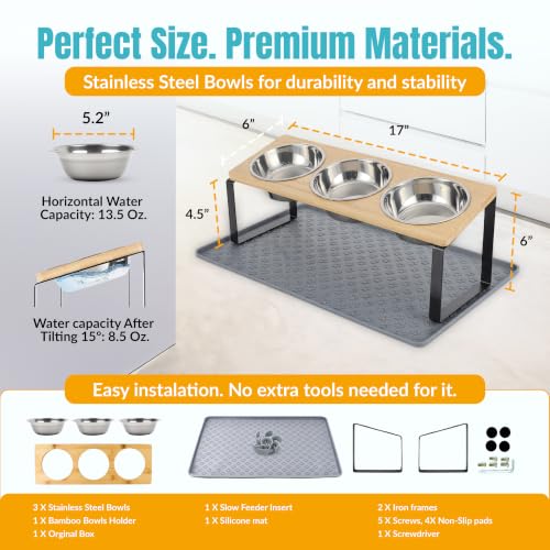 Raised Cat Food Bowls-3 Bowl Elevated Cat Feeding Station with Mat