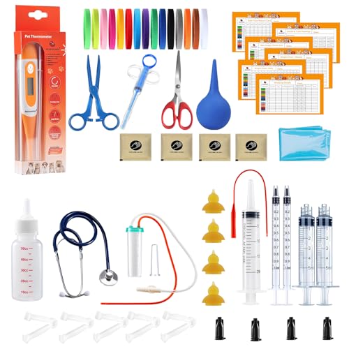 REDDOUDOU Puppy Kitten Whelping Kit, Whelping Kit with Feeding Nipple Bottle Stethoscope Scissors Cord Clamps Aspirator etc Full kit