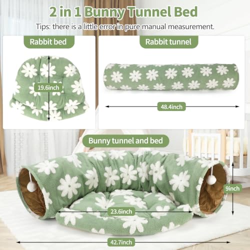 BWOGUE Bunny Tunnel Bed, 2-in-1 Collapsible Rabbit Tunnel Hideout with Mat - color: Flower Green