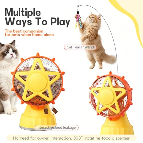 2-in-1 Interactive Cat Toy, Rotating Treat Dispenser with Strong Suction Cup & Teaser Wand, Adjustable Slow Feeder Puzzle Toy for Cats, Boredom Relief & Mental Stimulation Fits Kibble ,Treats (Yellow) - color: Yellow