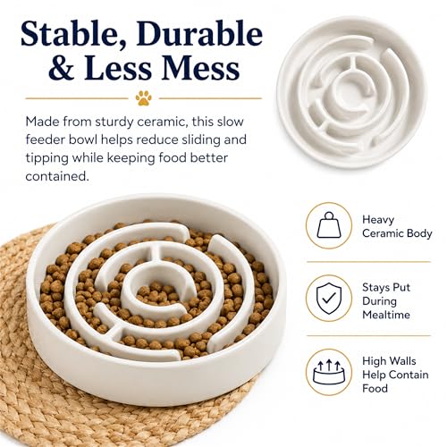 Ceramic Slow Feeder Dog Bowl 1.5 Cup Puzzle Dish for Small Medium Dogs - color: Ceramic-White