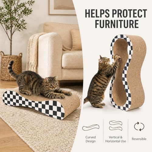 2 in 1 Large Cardboard Cat Scratcher Lounger, Cat Scratching Board for Indoor Cats, 100% Recyclable & Reversible Horizontal Scratching Pads Prevents Furniture Damage, Checkerboard - color: 2 IN 1 Large Checkerboard