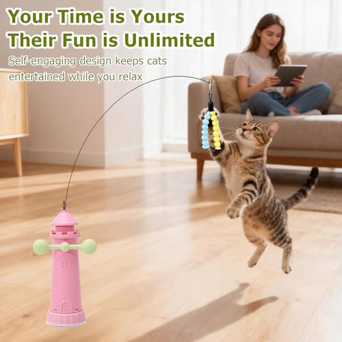 Interactive Cat Toys for Indoor Cats, Windmill Feather Cat Teaser Wand, Bouncy Kitten Toys with Strong Suction Cup Base for Bored Felines & Self-Played Enrichment Pink - color: Pink