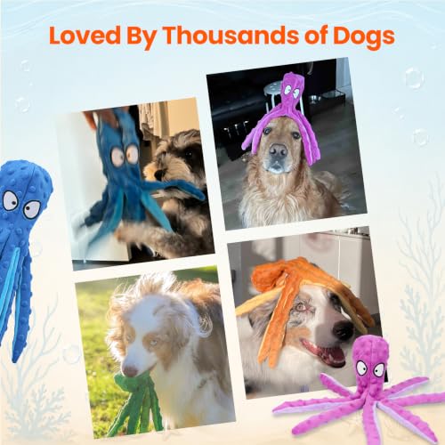 HGB Squeaky Dog Toys No Stuffing Octopus Crinkle for Large Medium Small Dog - color: Octopus Purple & Blue